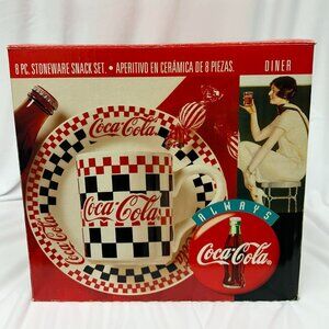 96/97 Gibson Coca Cola Diner 8 Piece Stoneware Snack Set Checkered